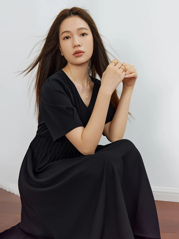 V-Neck Black Midi Dress