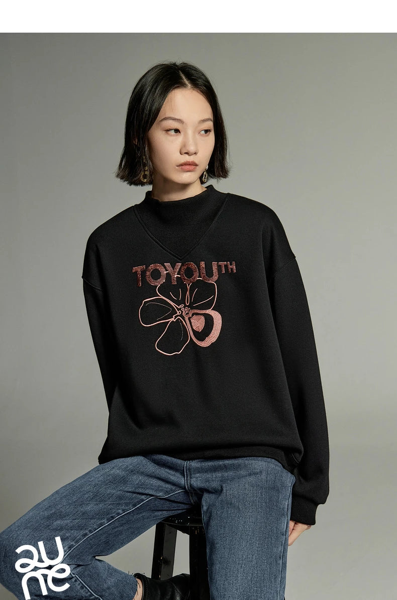 High Collar Embroidery Sweatshirt