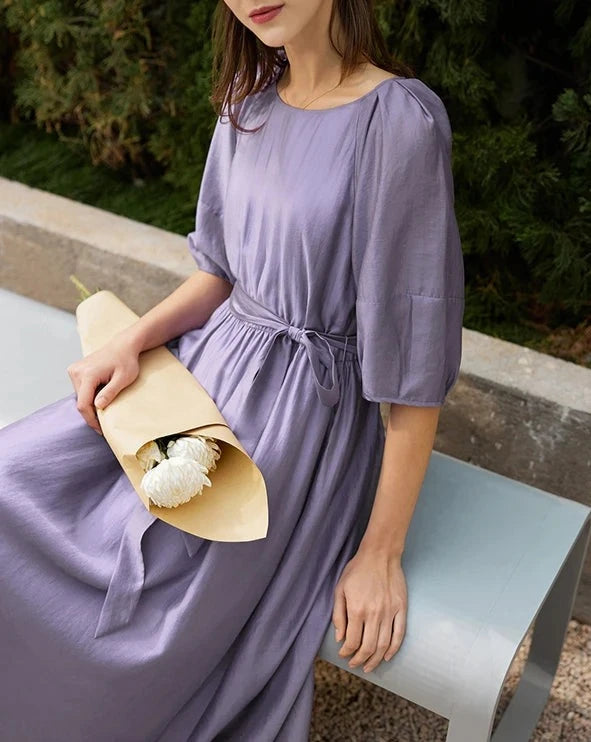 Puff Sleeve Round-Neck A-Line Dress