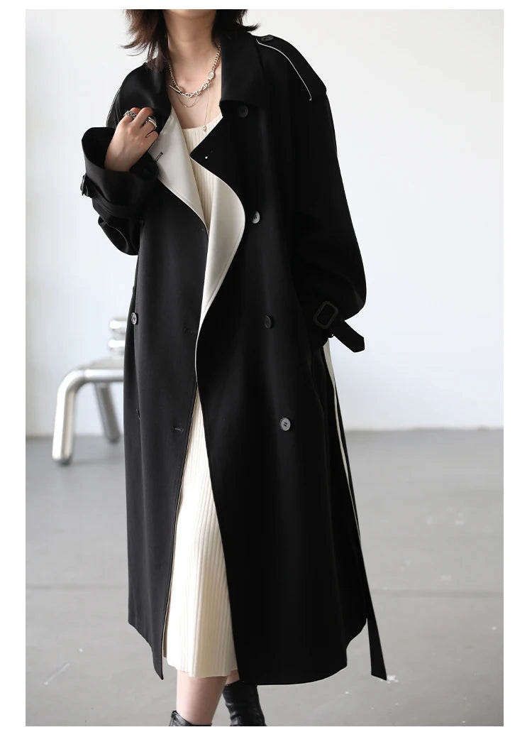 Long Loose Contrast Collar Trench Coat