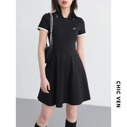 Black Short Sleeve Polo Collar A-line Dress - BEYOND FASHION