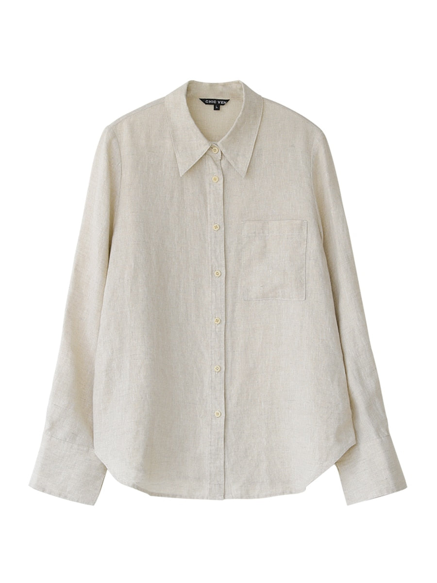 Solid Loose Linen Lapel Long-Sleeved Shirt