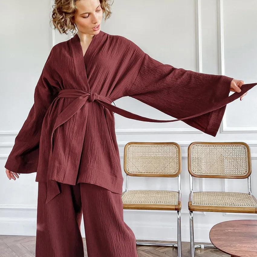Two Piece Cotton Kimono Style Loungewear Loose Set