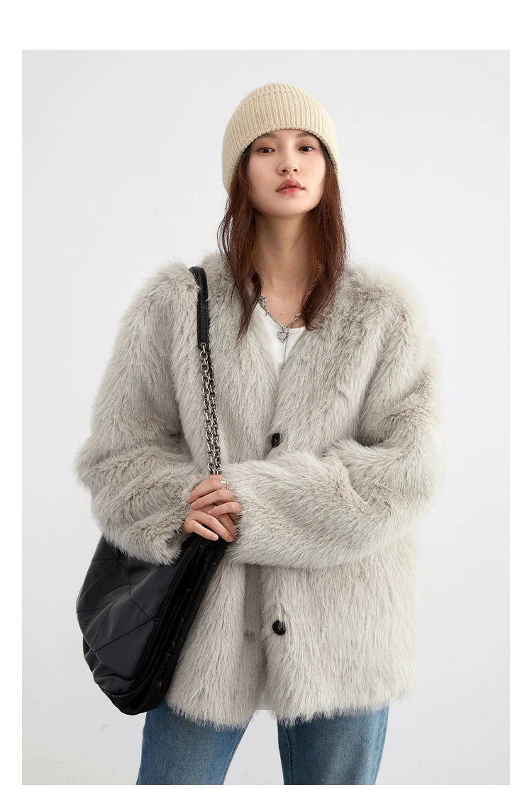 V-neck Loose Plush Warm Faux Fur Coat Jacket