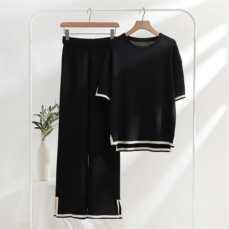 Two Piece Elegant Short Sleeve Top And Wide Pants Sets