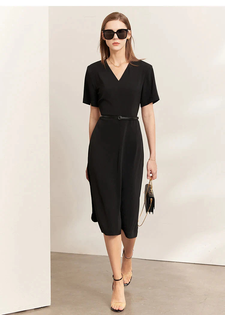 Black Minimalism Sleeves A-Line Midi Dress