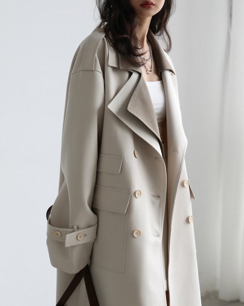 Double Collar Loose Long Trench Coat - BEYOND