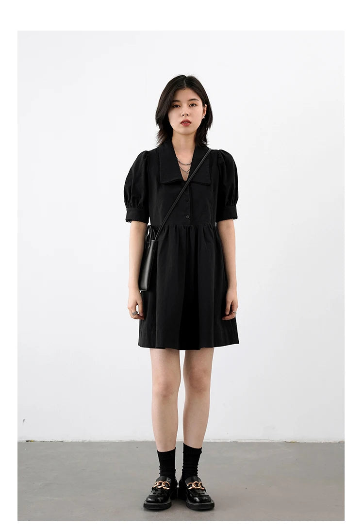 Solid Short Bubble Sleeve A-line Dress