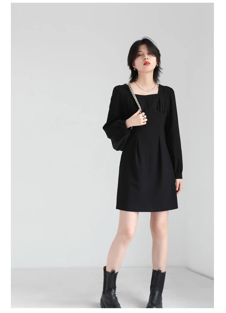 Long Sleeve Puff Solid Square Neck Black Dress