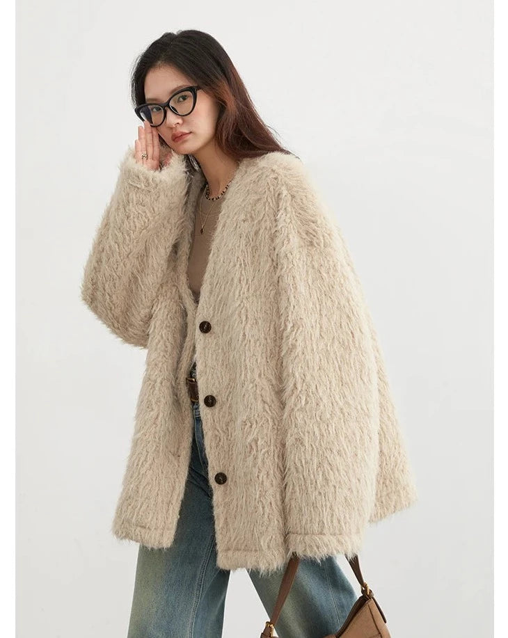 V-neck Plush Coat Loose Cardigan