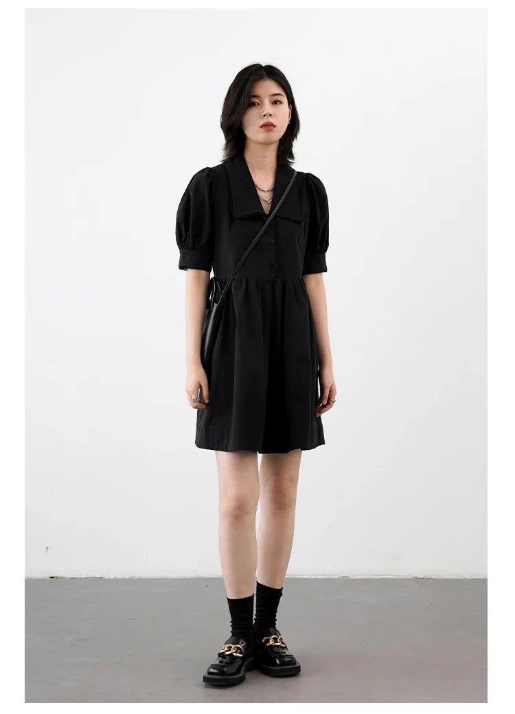 Solid Short Bubble Sleeve A-line Dress