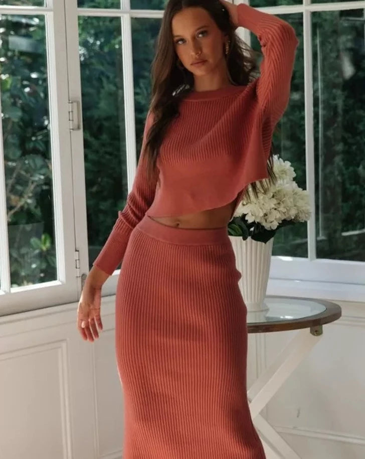 Cropped Sweater Tops And Long Skirts Set