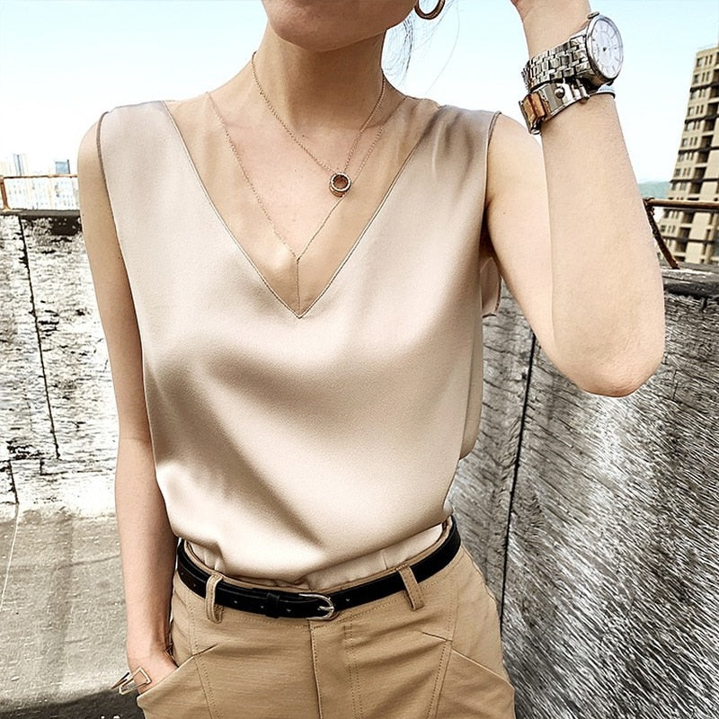 Elegant V-Neck Satin Blouses Top - BEYOND