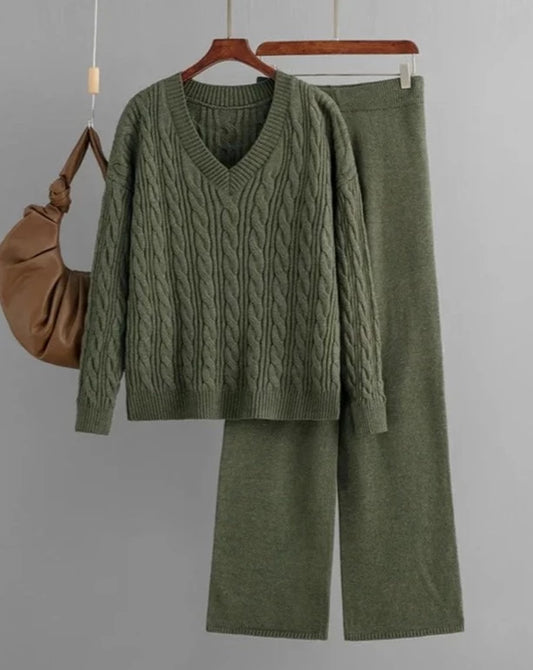 V-Neck Sweater And Wide Pants Set