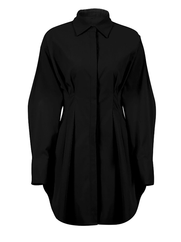 Long Sleeve Pleated Shirt Mini Dress - BEYOND