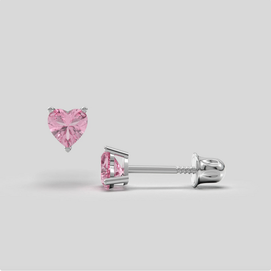 Pink Heart Bright Stone Zircon 14K Solid Gold Stud Earrings