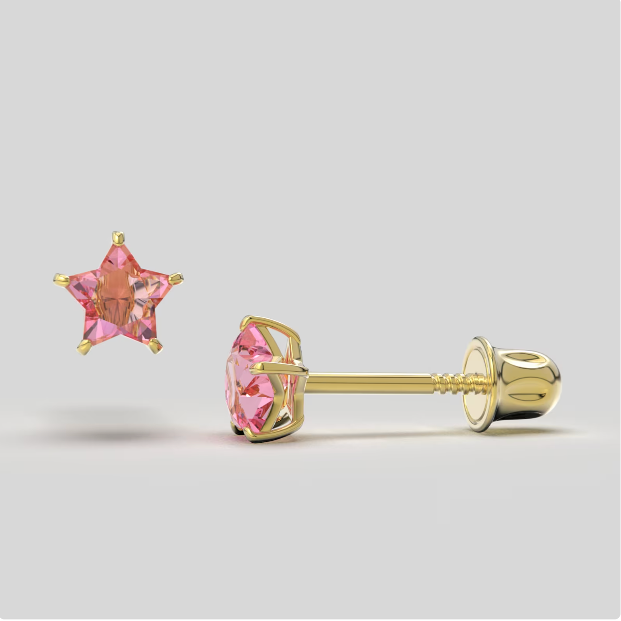 Pink Star Bright Stone Zircon 14K Solid Gold Stud Earrings
