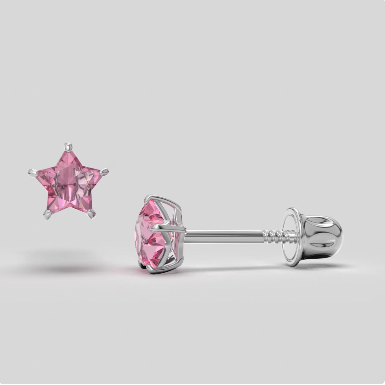 Pink Star Bright Stone Zircon 14K Solid Gold Stud Earrings