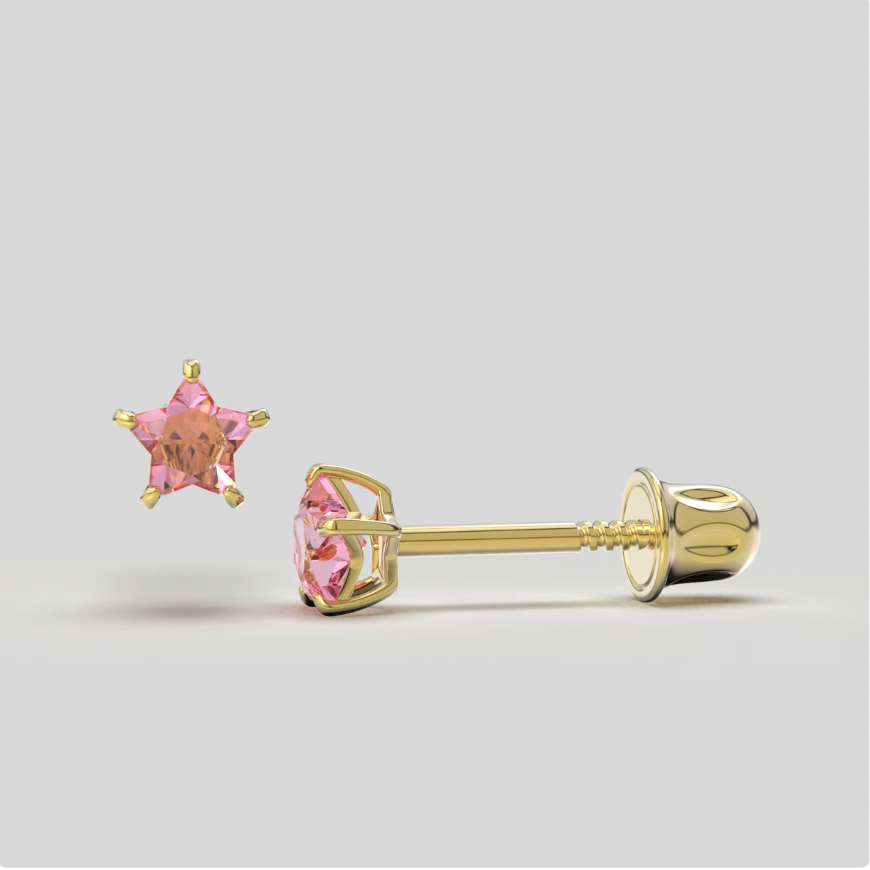 Pink Star Bright Stone Zircon 14K Solid Gold Stud Earrings