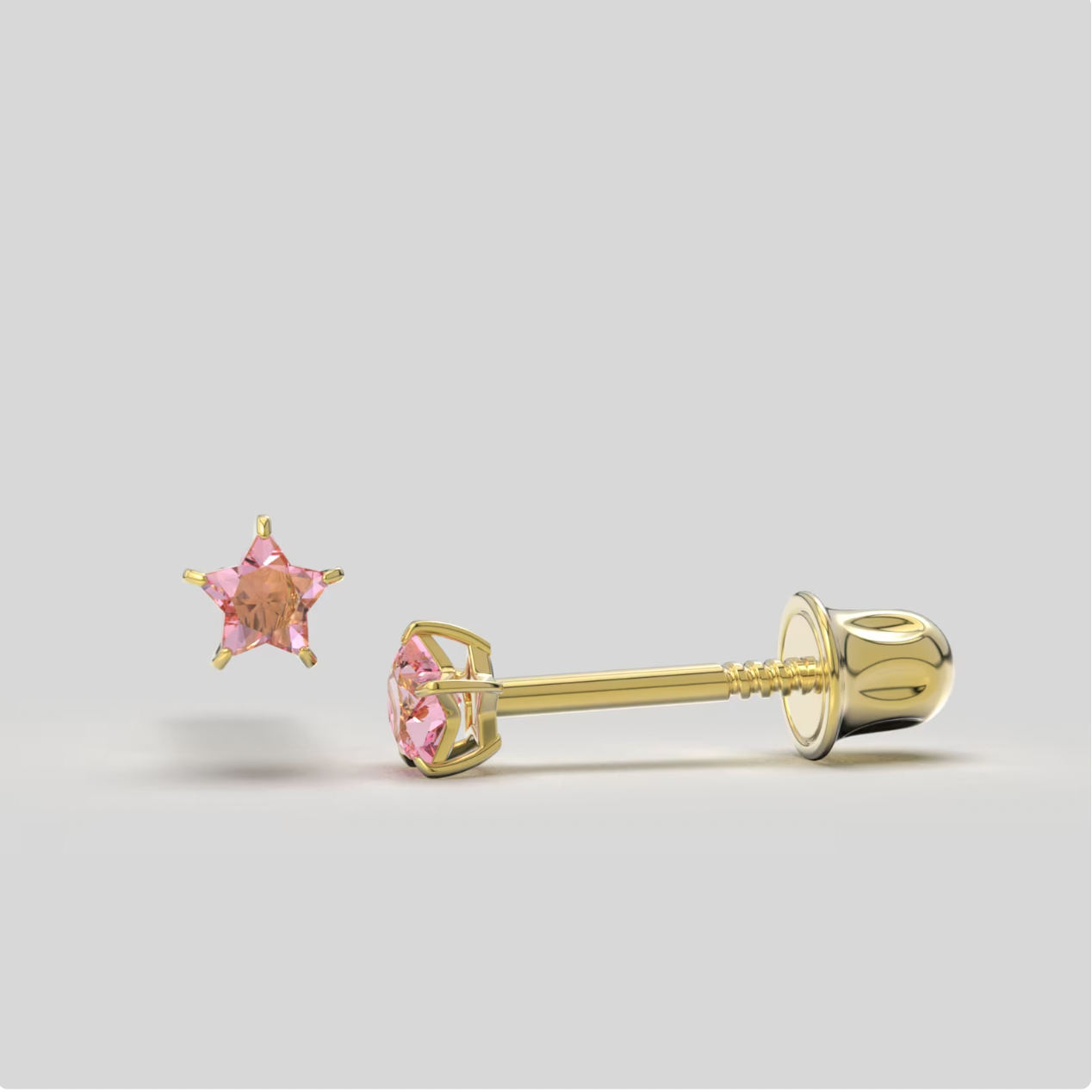 Pink Star Bright Stone Zircon 14K Solid Gold Stud Earrings