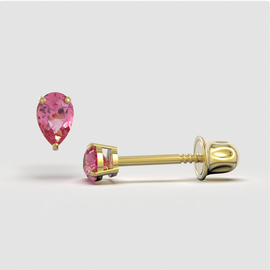 Pink Bright Stone Zircon Pear 14K Solid Gold Stud Earrings