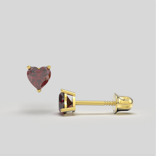 Garnet Bright Stone Zircon Heart 14K Solid Gold Stud Earrings - BEYOND
