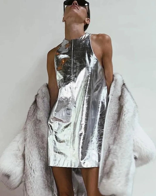 Silver Leather Loose Mini Dress - BEYOND FASHION