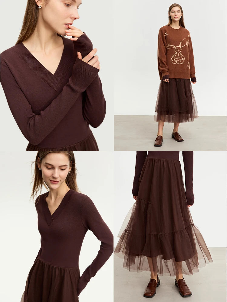 V-Neck Long Sleeve Midi Dress