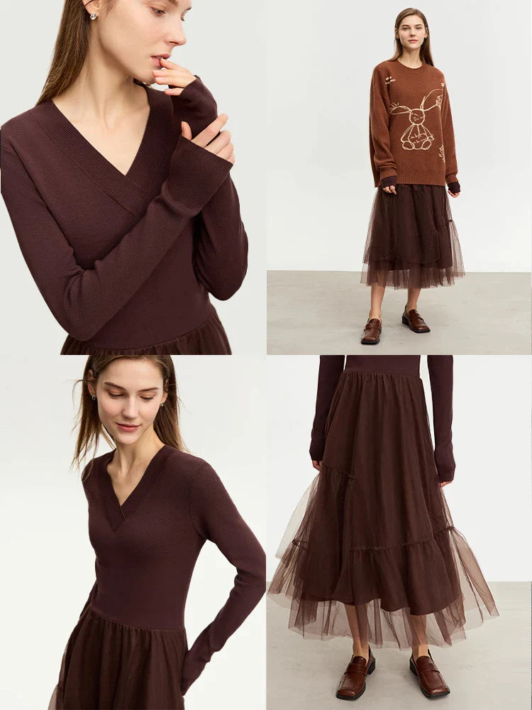 Black V-Neck Long Sleeve Midi Dress