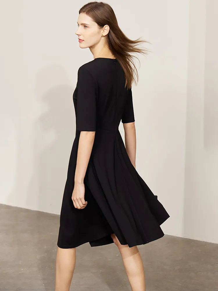 Black Short Sleeve A-line Midi Dresses