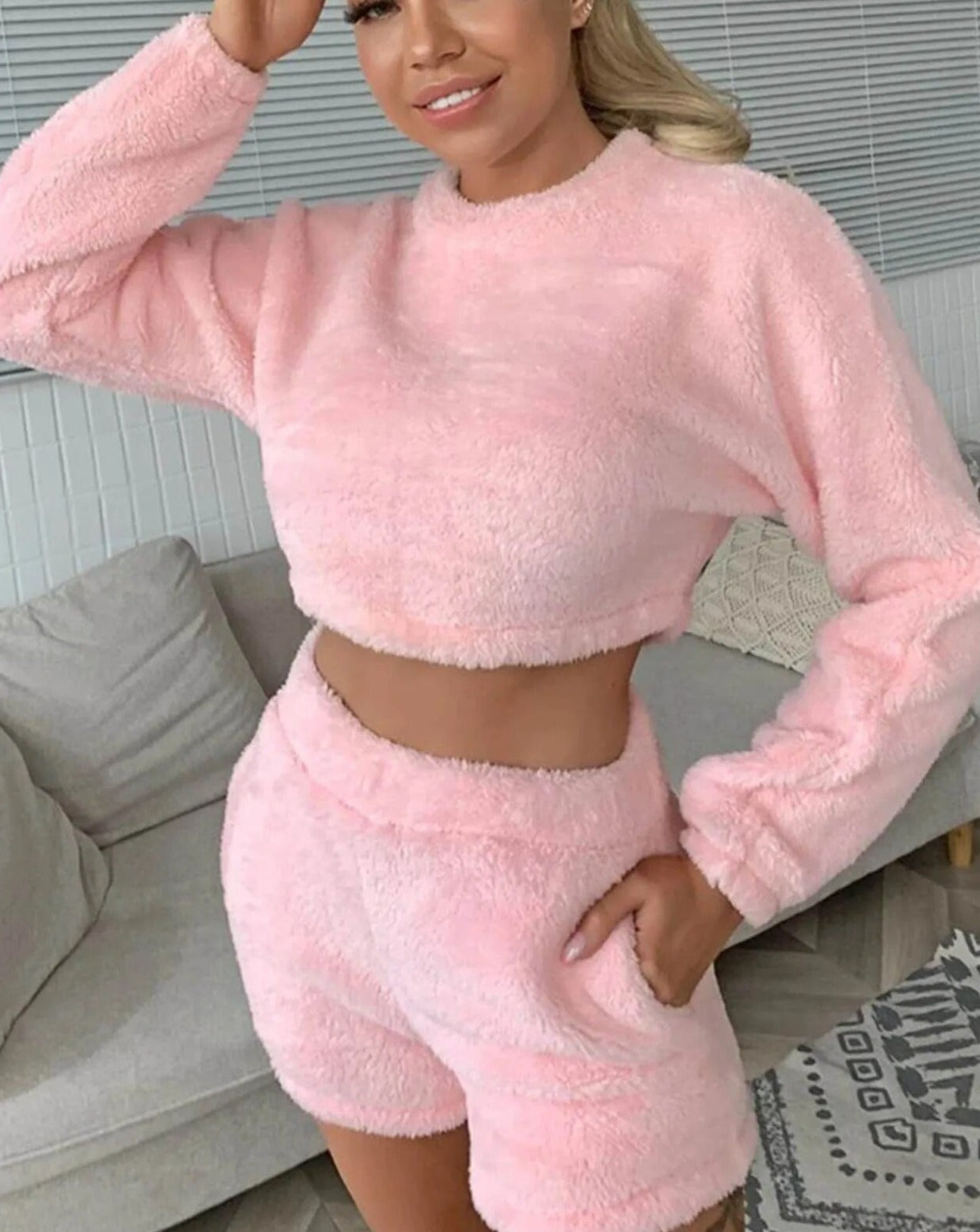 Two Piece Sexy Fluffy Velvet Long Sleeve Crop Tops & Shorts Set