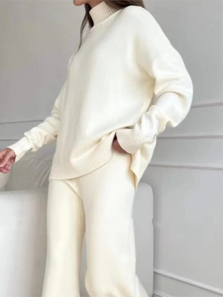 High Collar Sweater And Wide Pant Casual Set - BEYOND