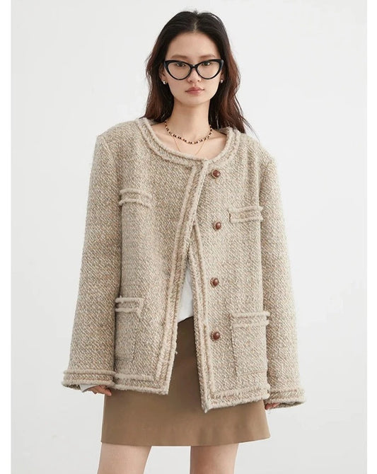 Round Neck Button Up Tweed Coat