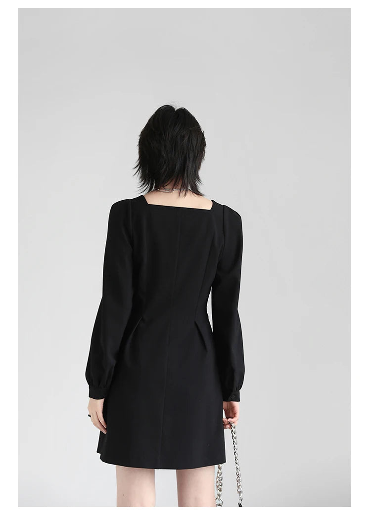 Long Sleeve Puff Solid Square Neck Black Dress