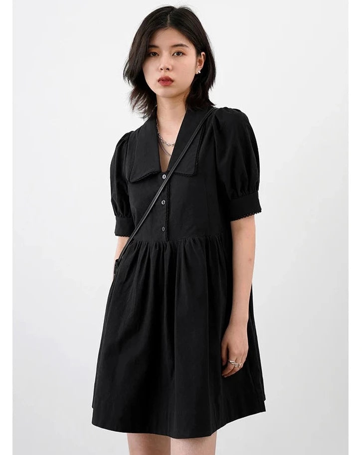 Solid Short Bubble Sleeve A-line Dress