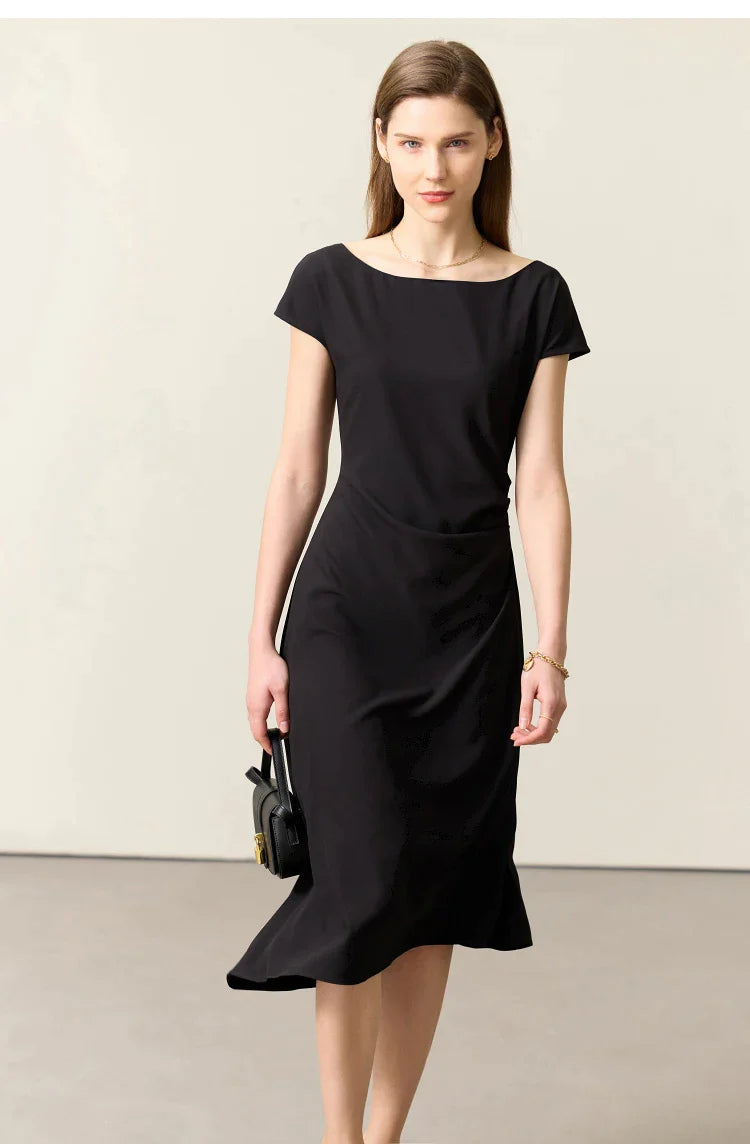 Black Chiffon Short Sleeves Midi Dress