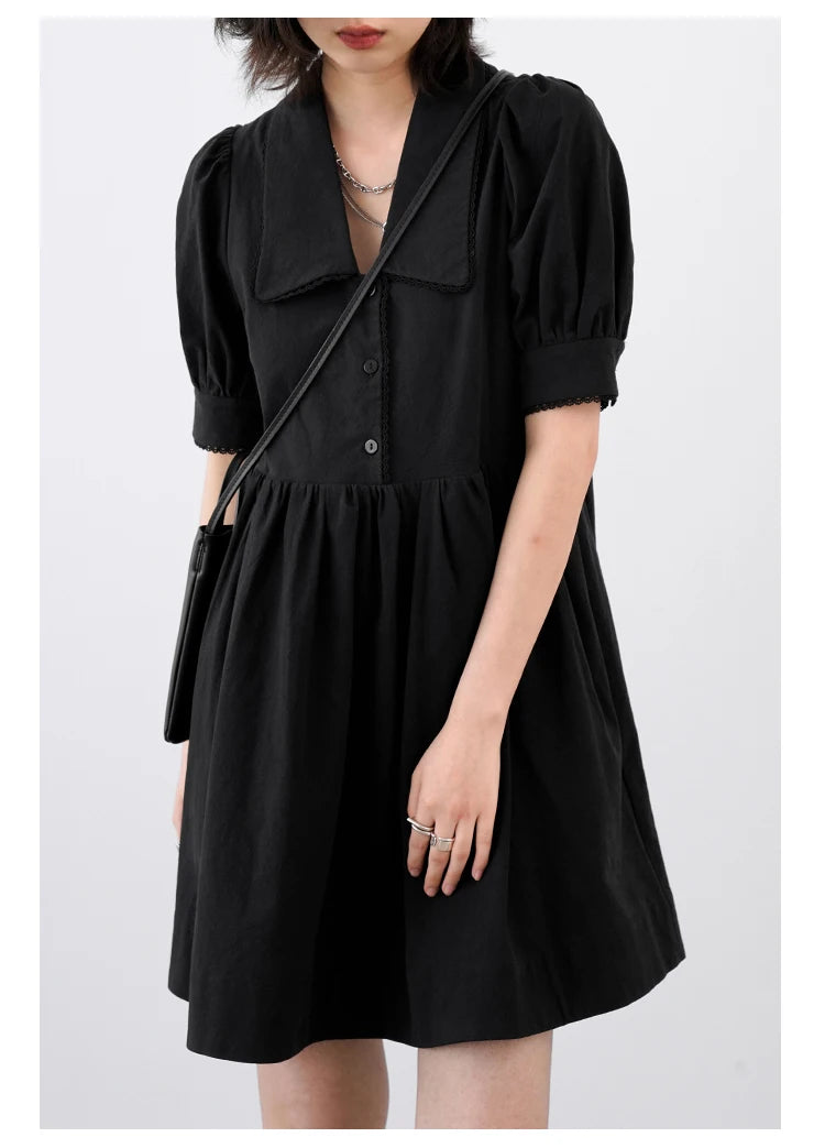 Solid Short Bubble Sleeve A-line Dress