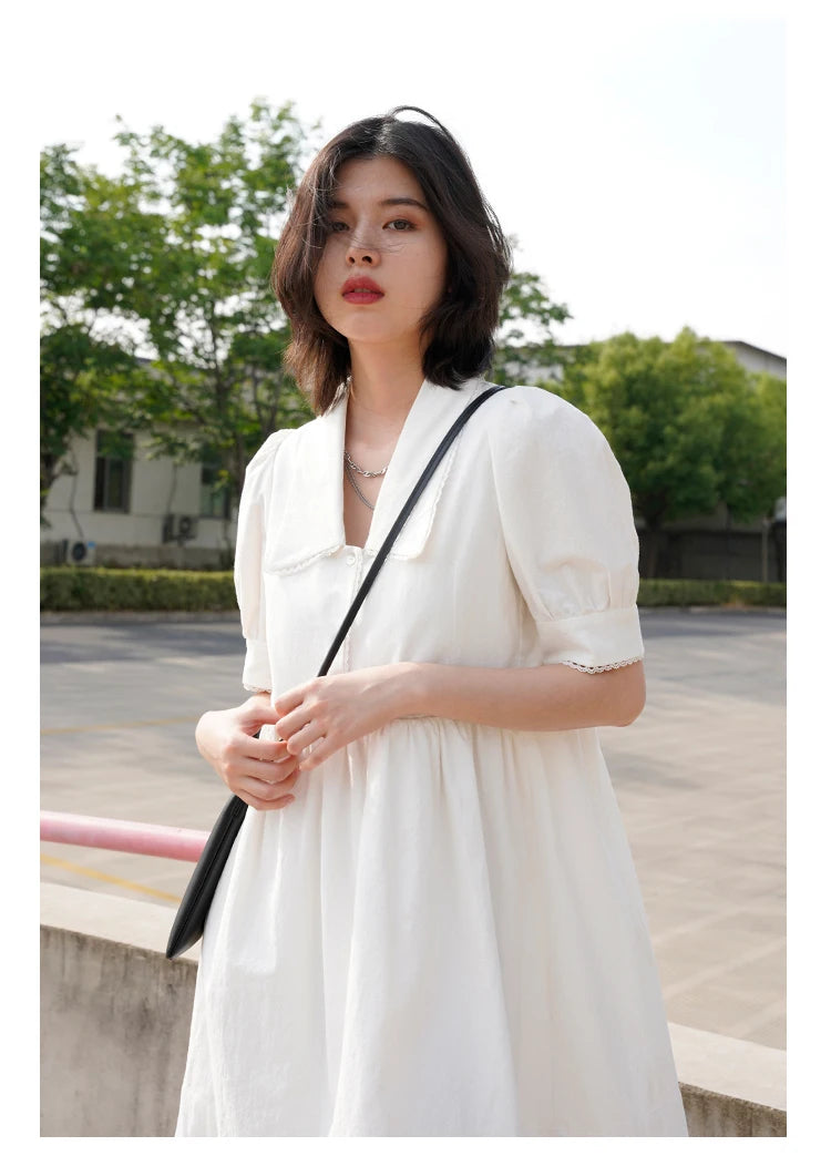 Solid Short Bubble Sleeve A-line Dress