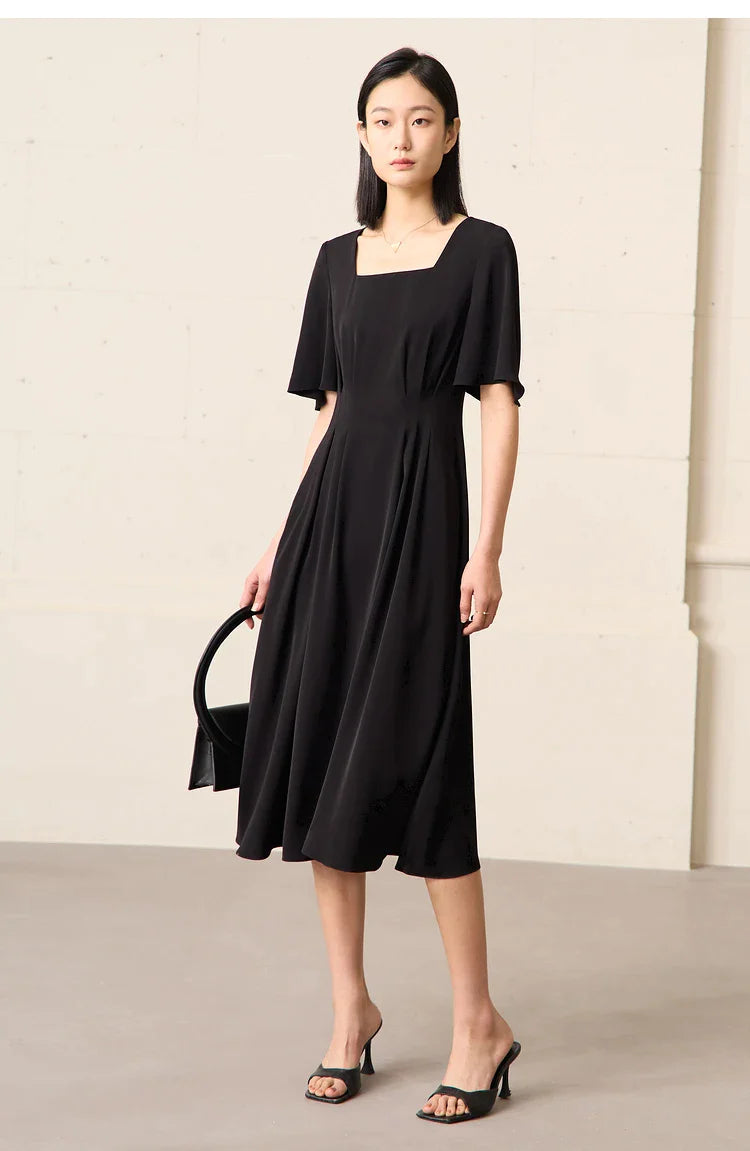 Black Minimalism A Line Chiffon Midi Dress