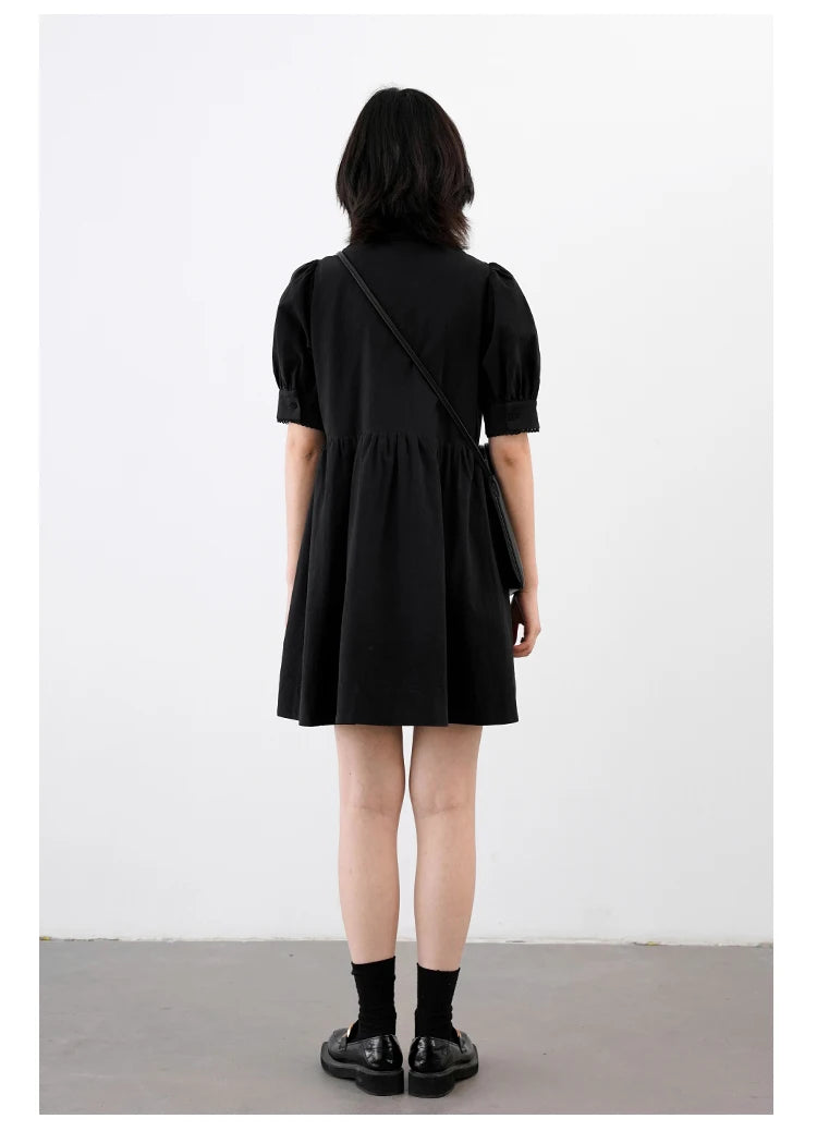 Solid Short Bubble Sleeve A-line Dress