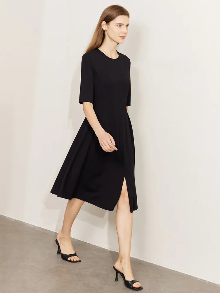 Black Short Sleeve A-line Midi Dresses