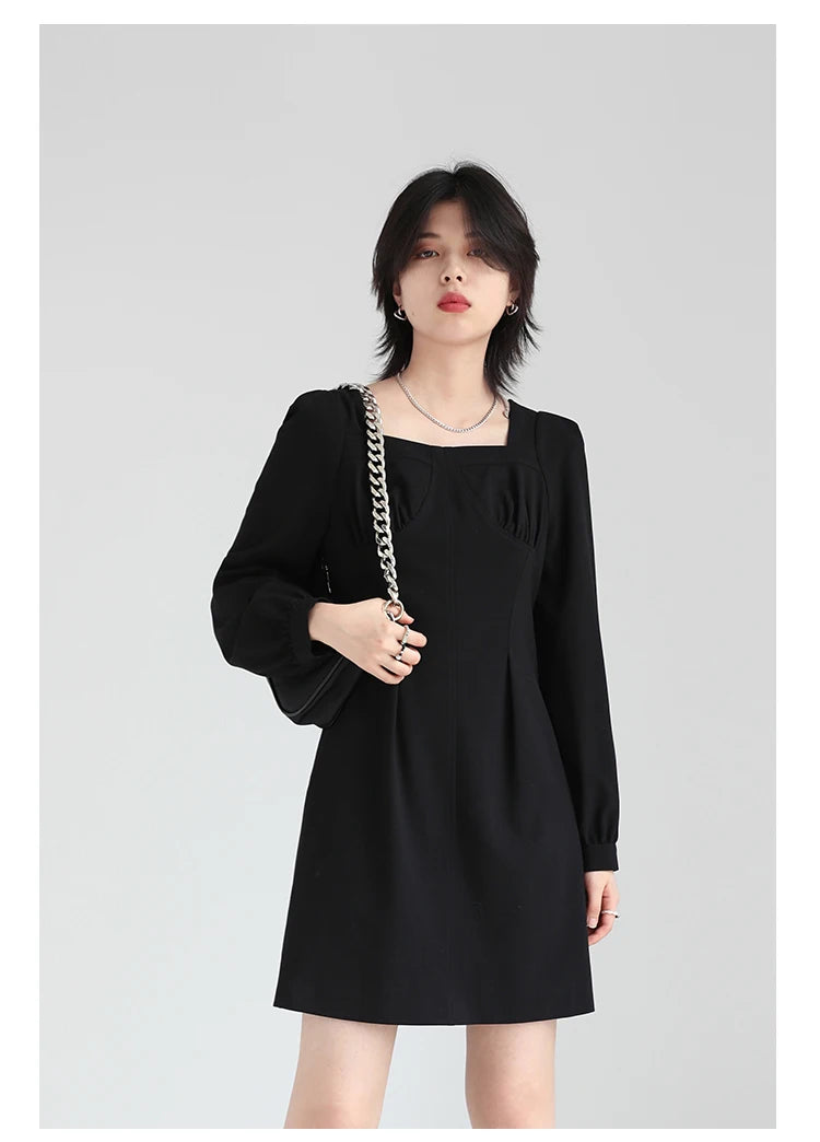 Long Sleeve Puff Solid Square Neck Black Dress