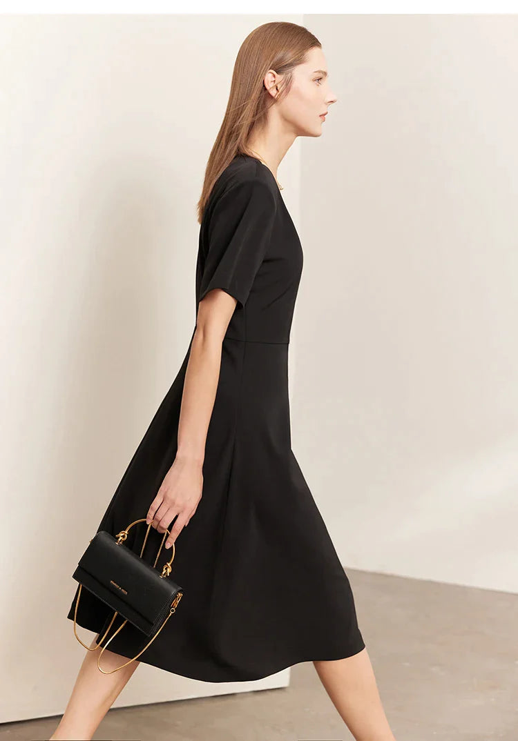 Black Minimalism Sleeves A-Line Midi Dress