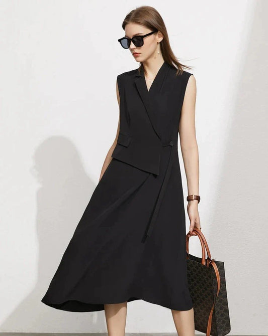 Black V-Neck Elegant Chic Midi Dress
