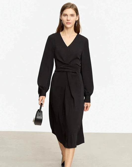 Black Minimalist V-neck A-Line Midi Dress