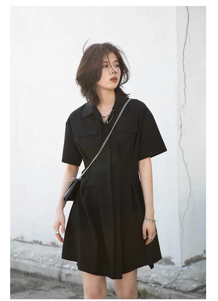 Black Solid Short Sleeve A-LINE Casual Lapel Dress