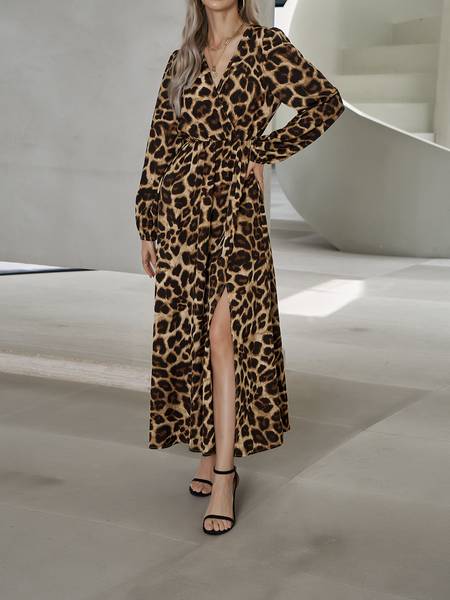 Dress Ladies Elegant V-neck Leopard Print Slit Dress - BEYOND FASHION