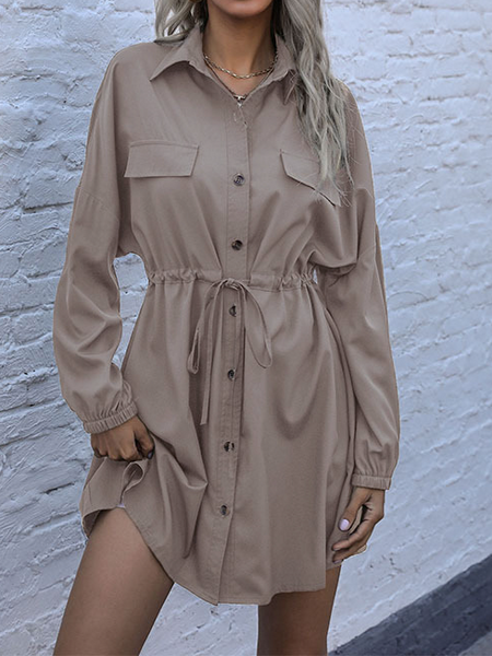 Button Up Drawstring Shirt Dress - BEYOND FASHION