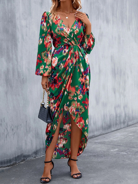 Printed V-neck Lantern Sleeve Wrap Dress - BEYOND FASHION