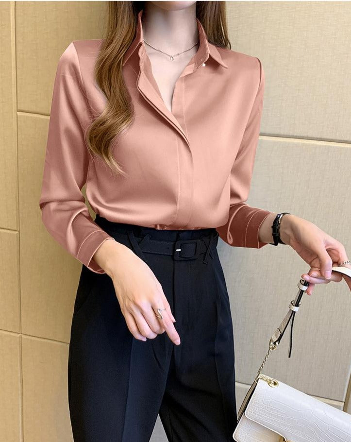 Long Sleeve Satin Solid Color Shirt Blouse